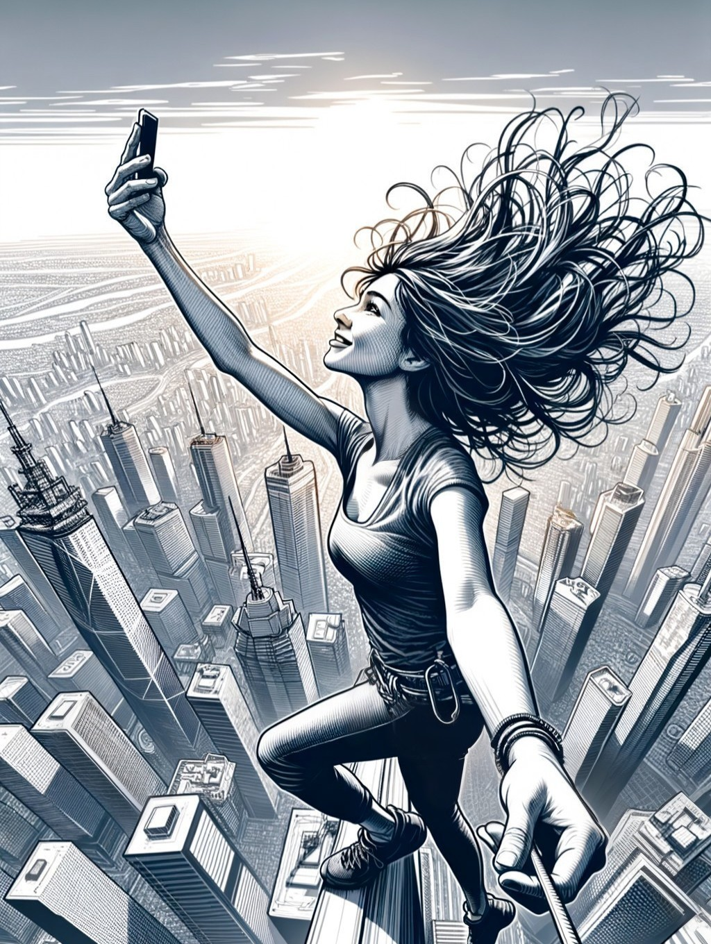 Woman on ledge taking selfie over city skyline