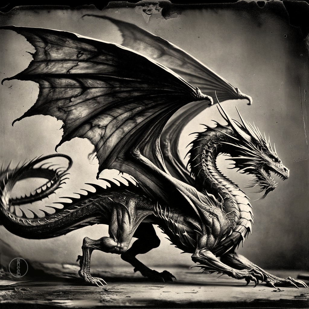 Monochrome Dragon with Wings Against Vintage Backdrop
