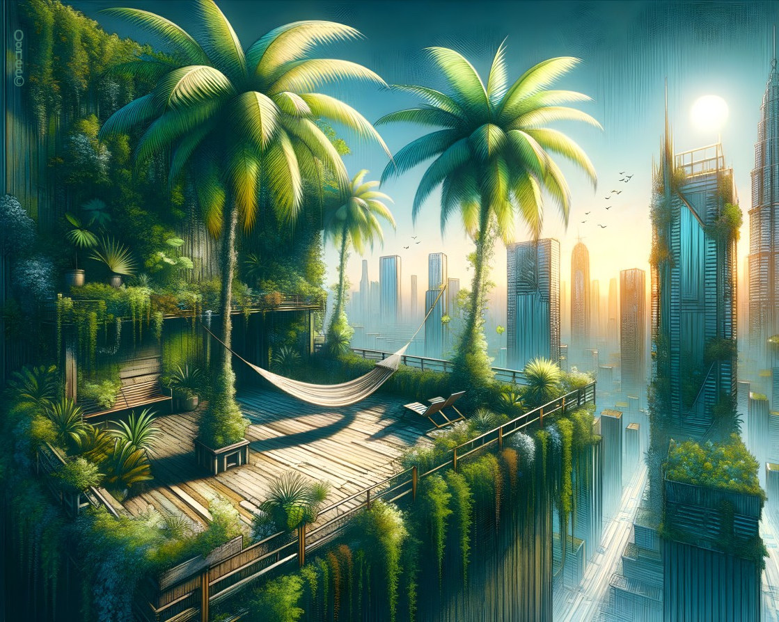 Futuristic Cityscape with Greenery and Sunlit Bridge