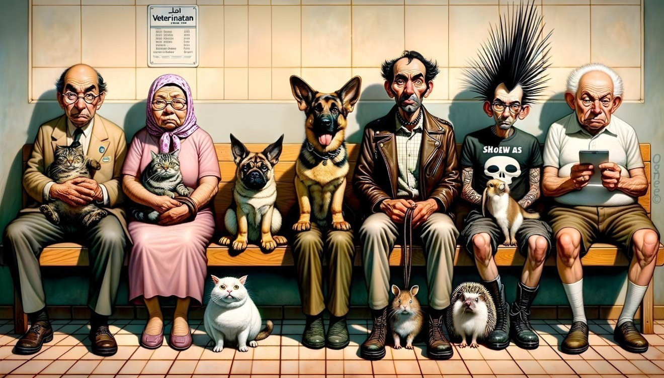 Diverse Group of People and Pets in Waiting Room
