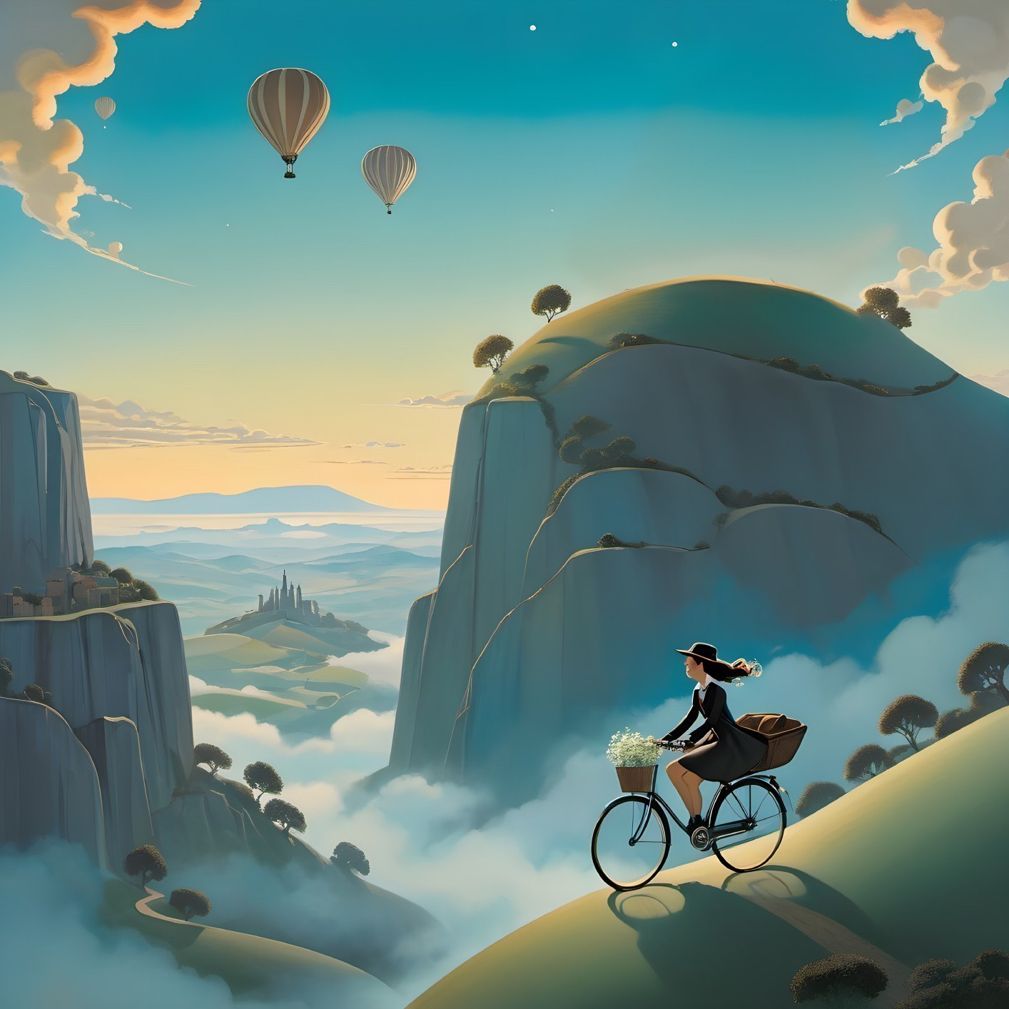 Serene Landscape with Hills, Cliffs, and Hot Air Balloons