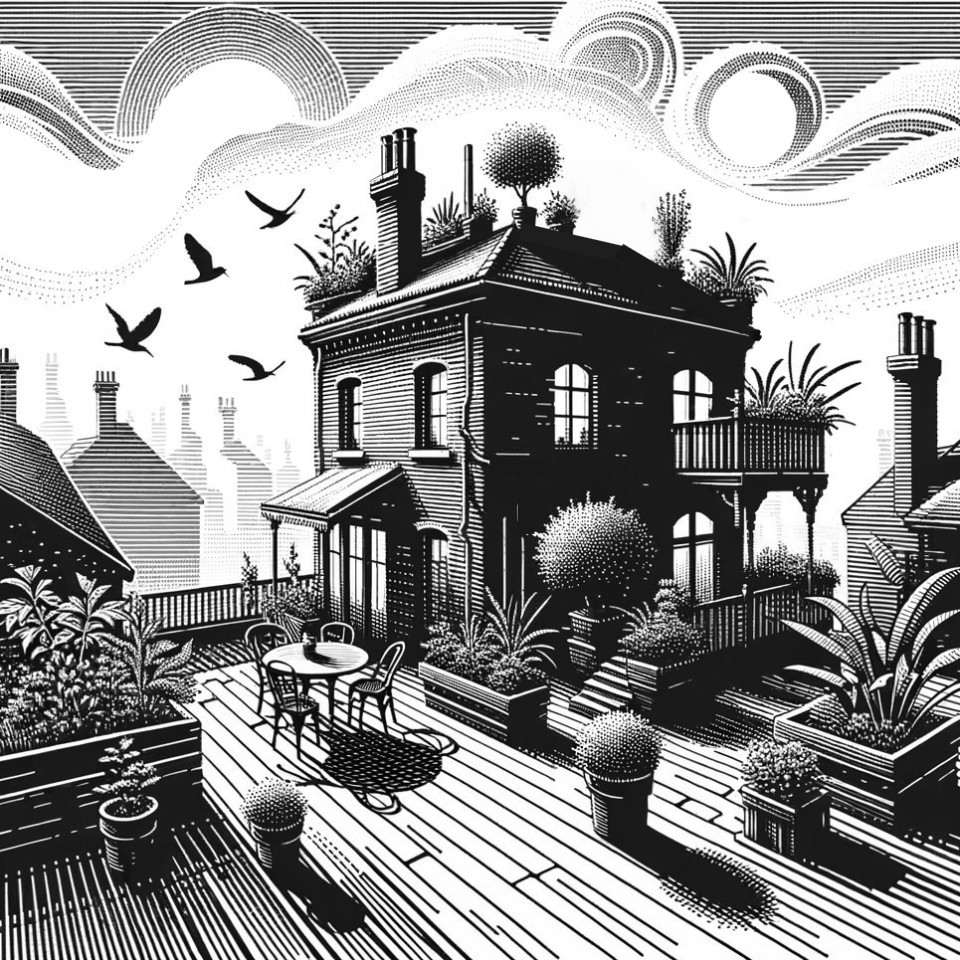 Monochrome Victorian House Illustration with Garden
