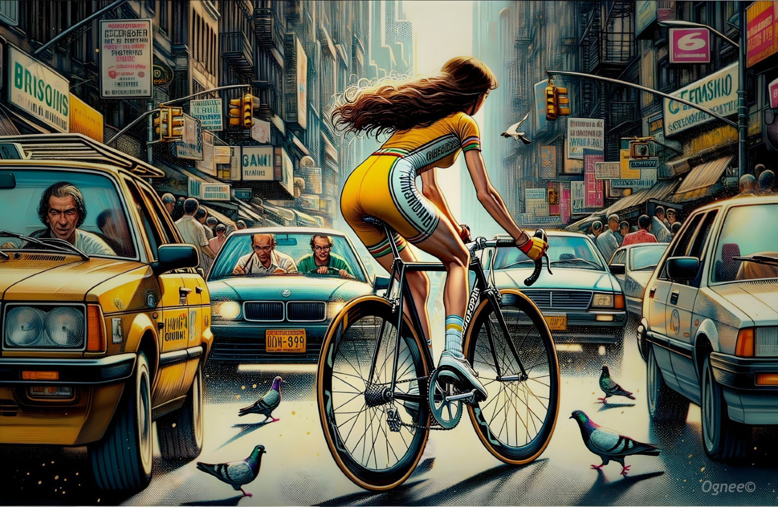 Cyclist in Yellow Navigates Busy Urban Street Scene