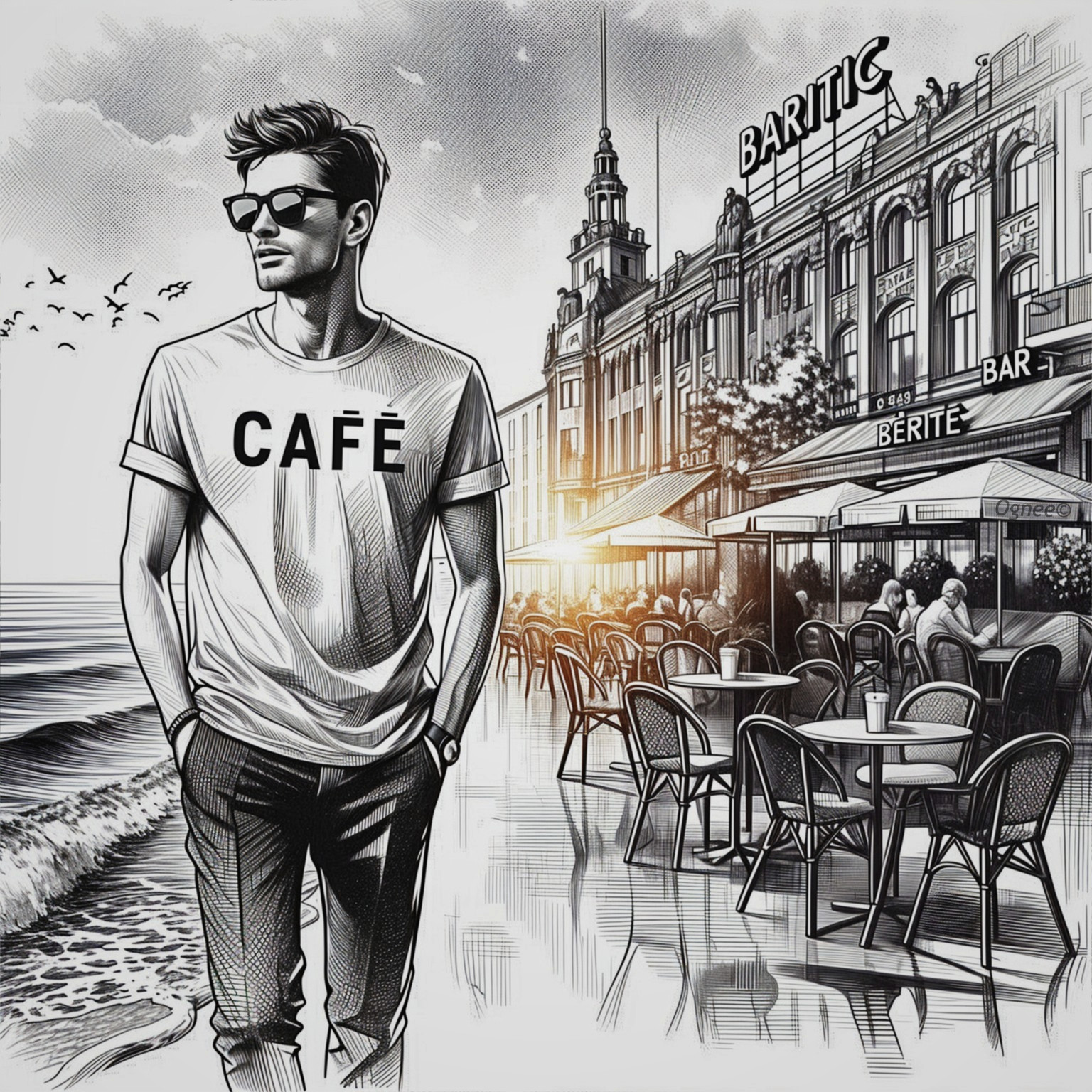 Young man in sunglasses on seaside promenade