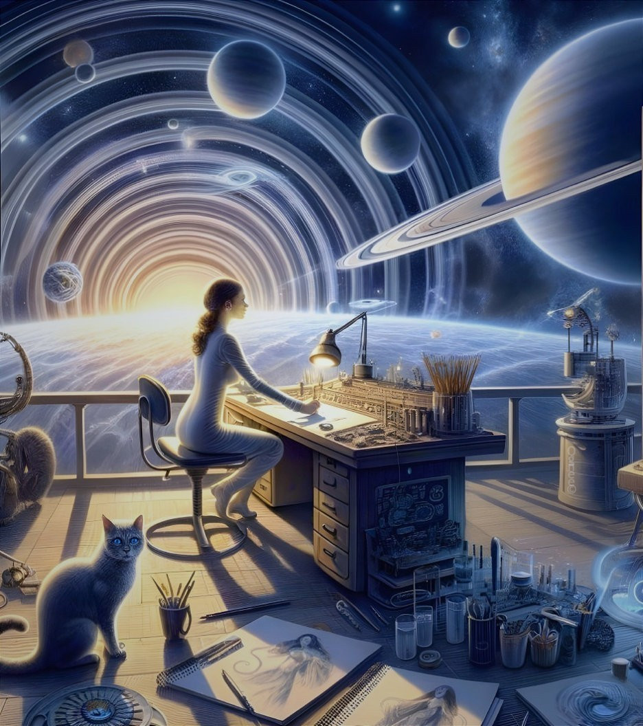 Woman Sketching in Cosmic Workshop with Planets View