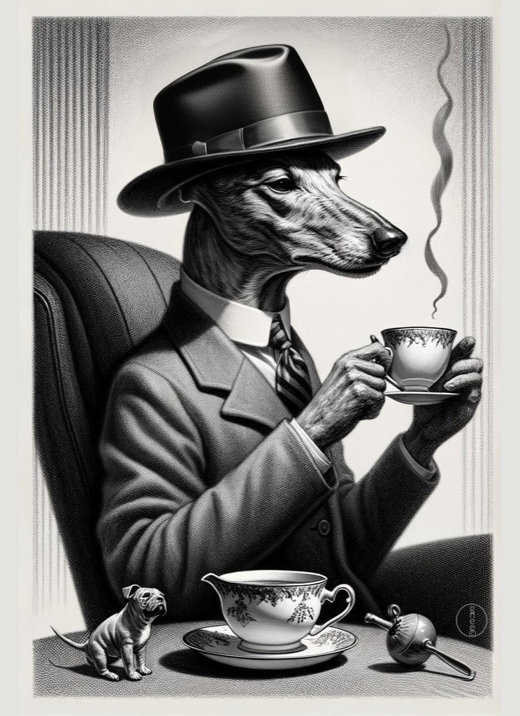 Greyhound in suit and hat sipping tea at vintage table
