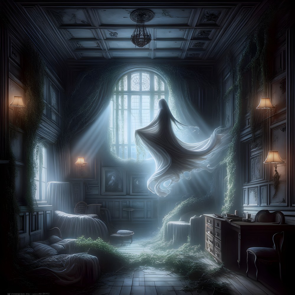 Eerie Atmosphere in a Dimly Lit Room with Ghostly Figure