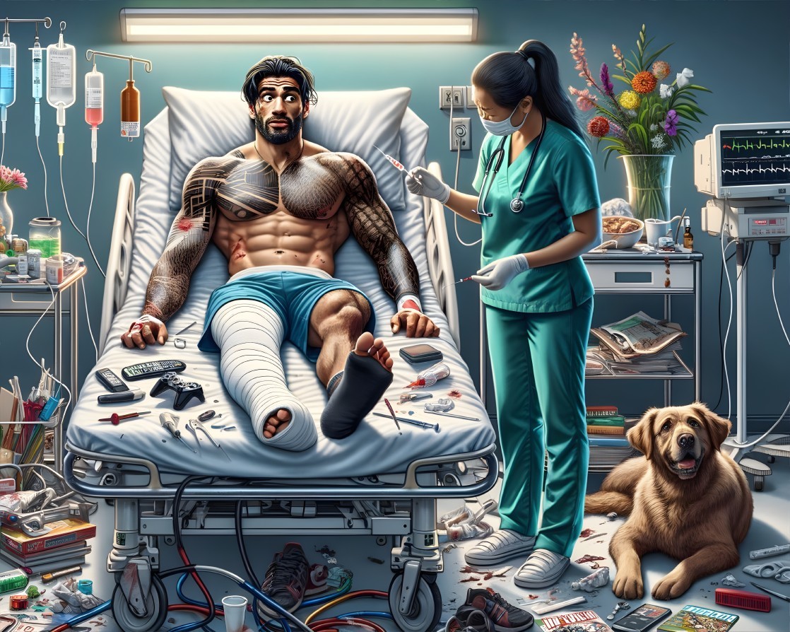 Muscular Man Recovering in Hospital with Nurse and Dog