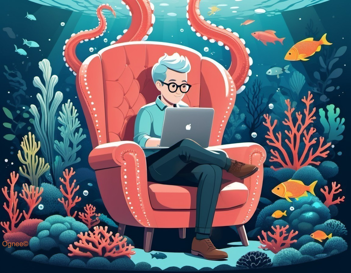 Underwater Scene with Person in Pink Armchair and Laptop