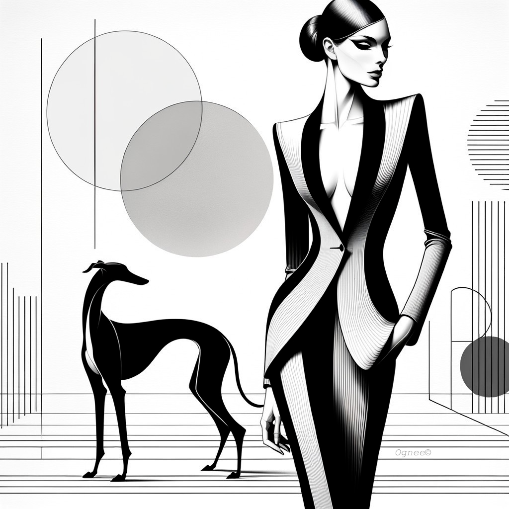 Monochromatic Fashion Design with Woman and Greyhound