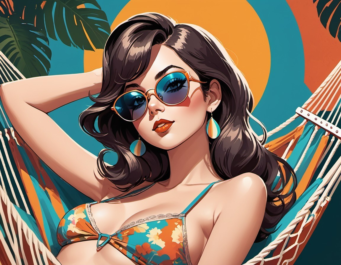 Stylish Woman in Floral Bikini Relaxing in Hammock