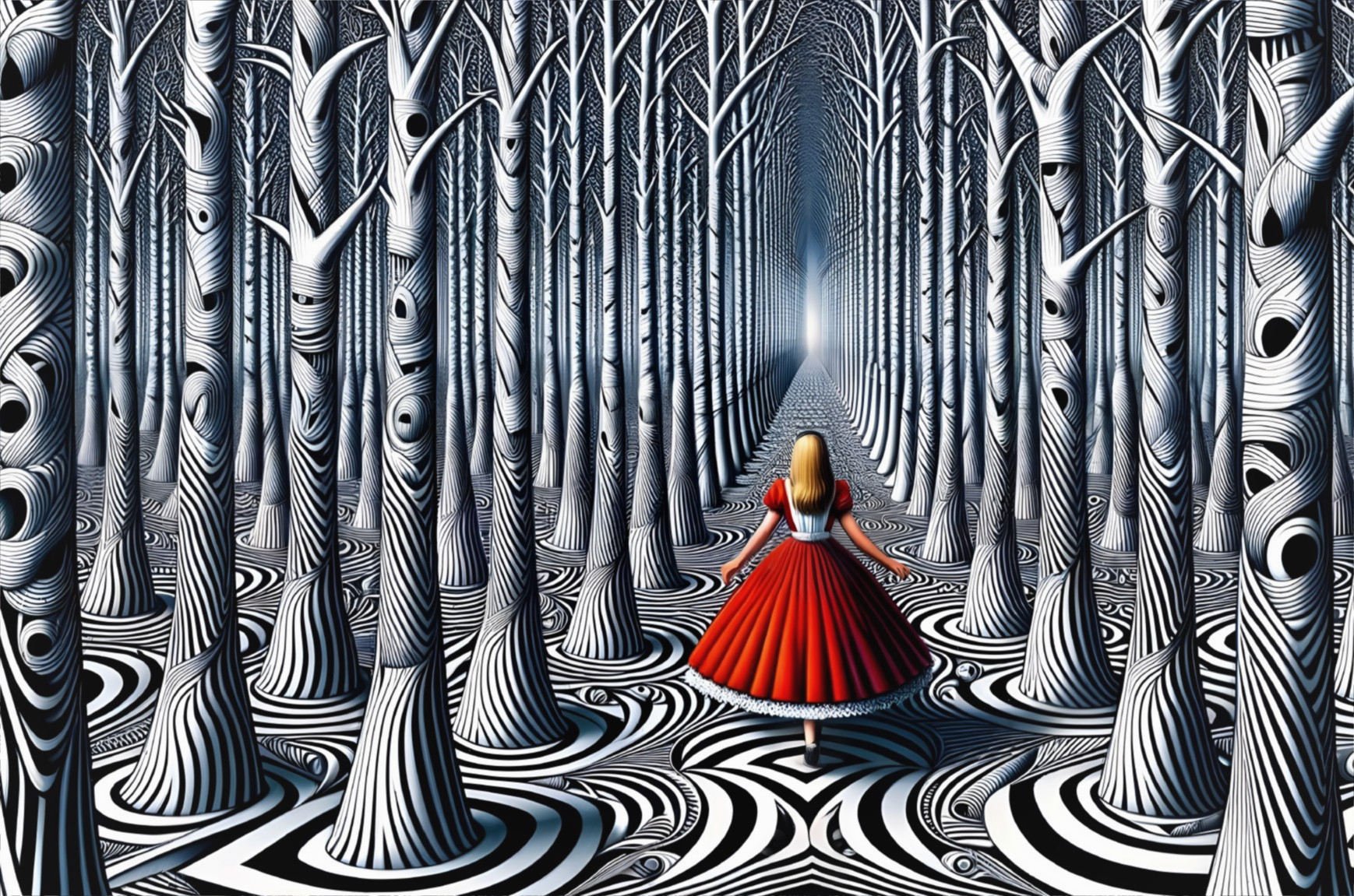 Girl in Red Dress Walking Through Surreal Forest