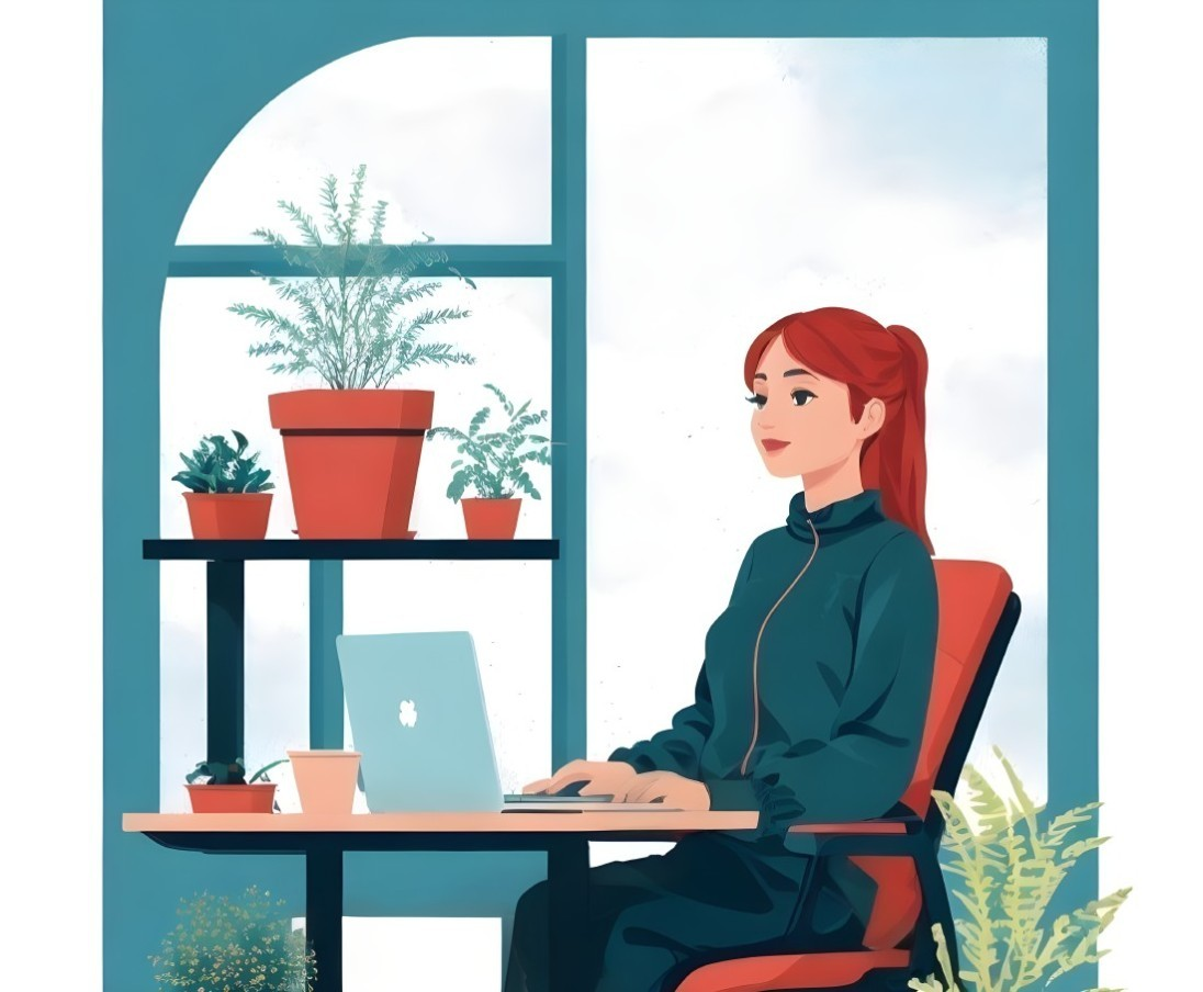 Young woman working at a modern desk with plants
