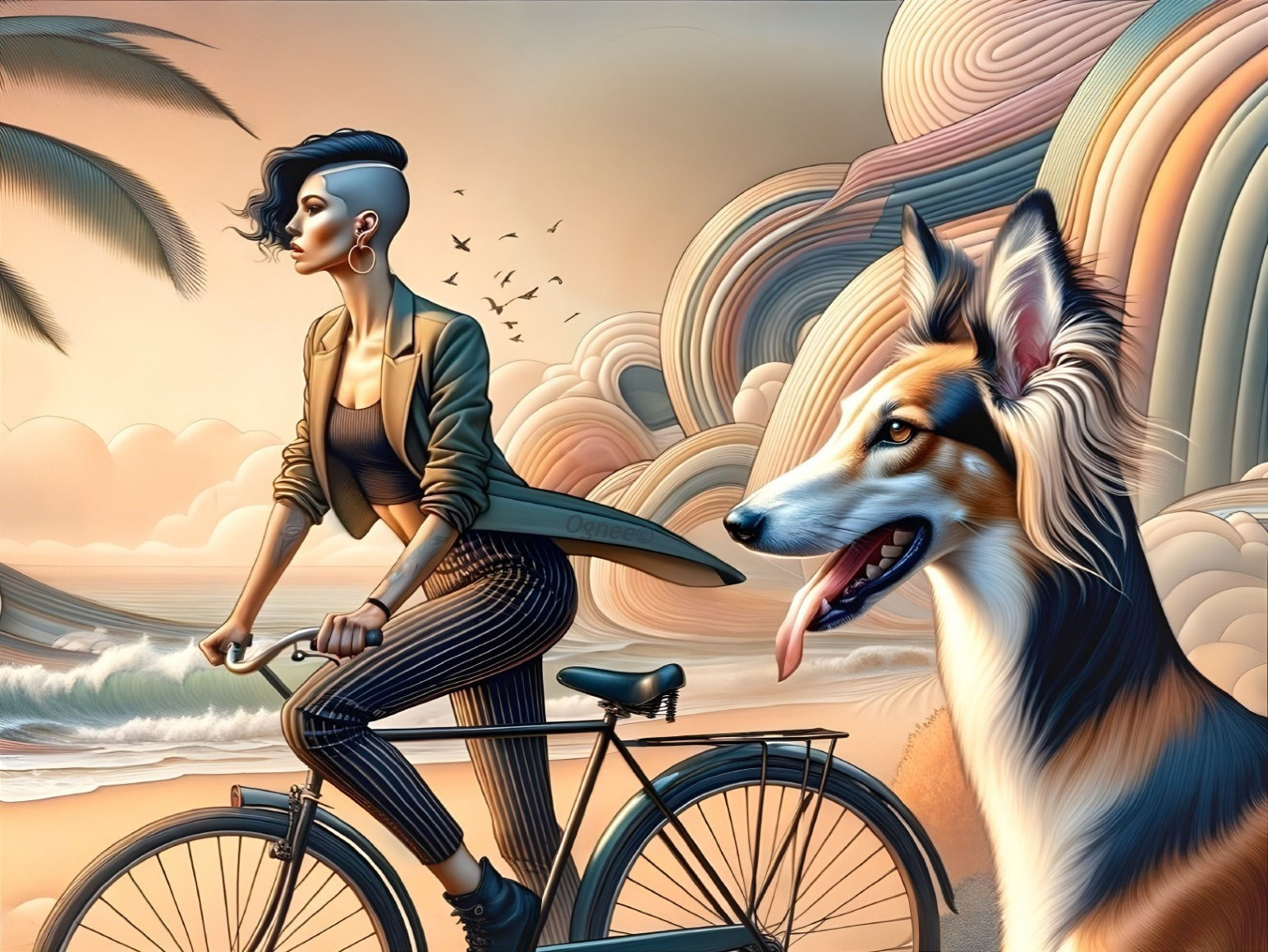 Stylish individual cycling on beach with dog and palms