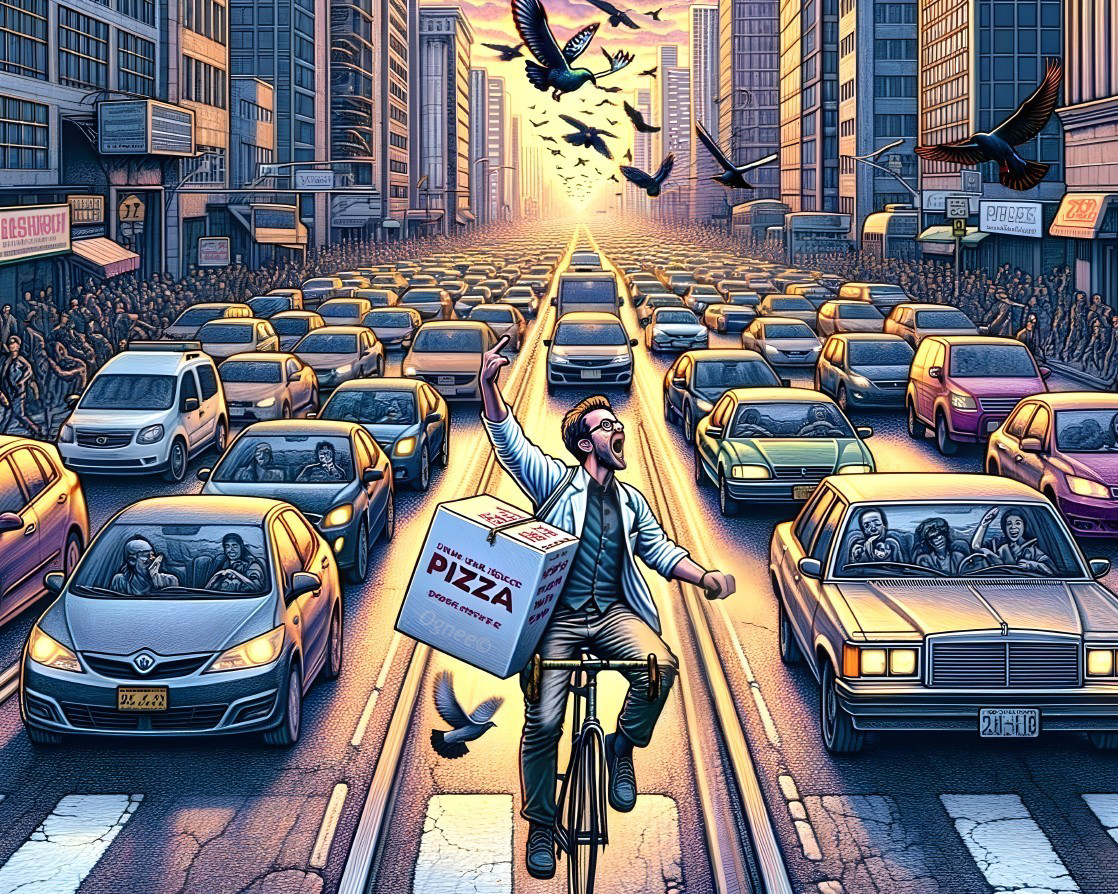 Delivery Cyclist Navigating City Traffic with Pizza