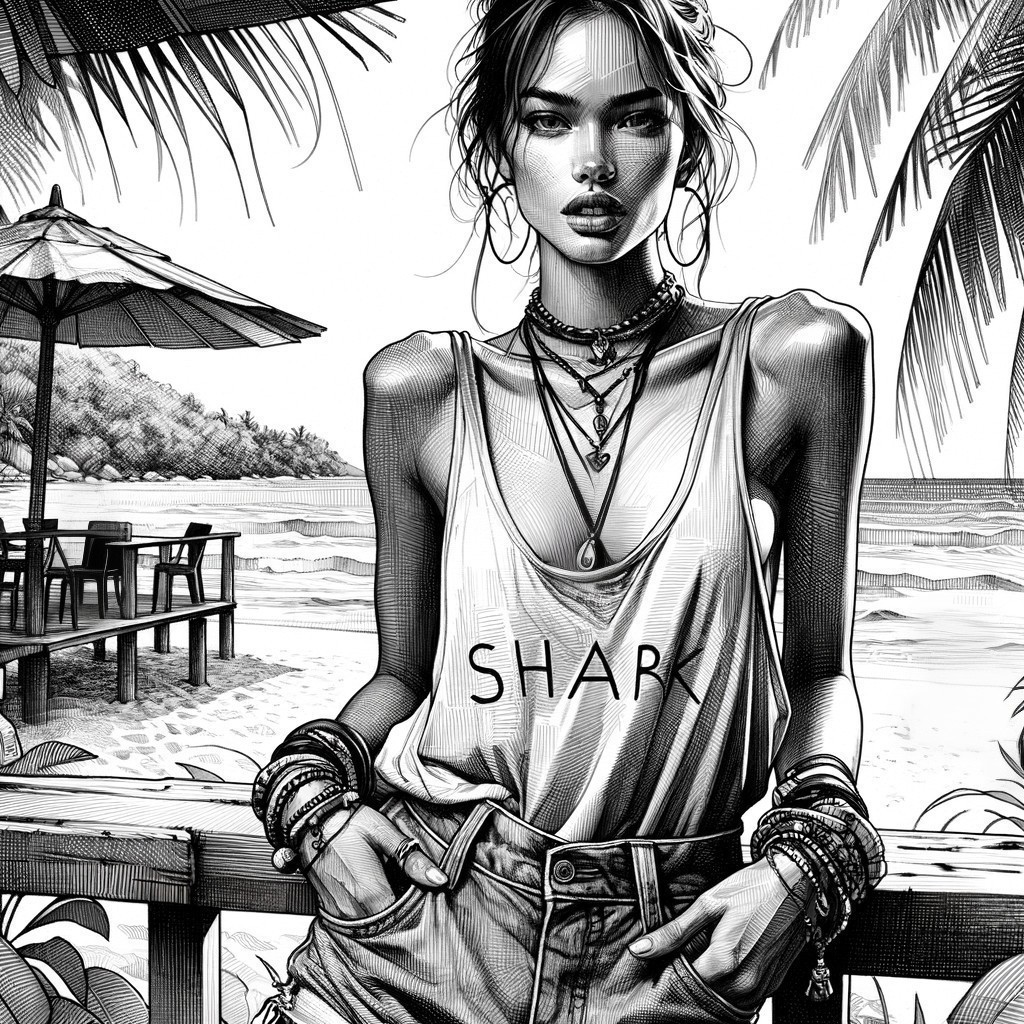 Black-and-white illustration of a woman on a beach deck