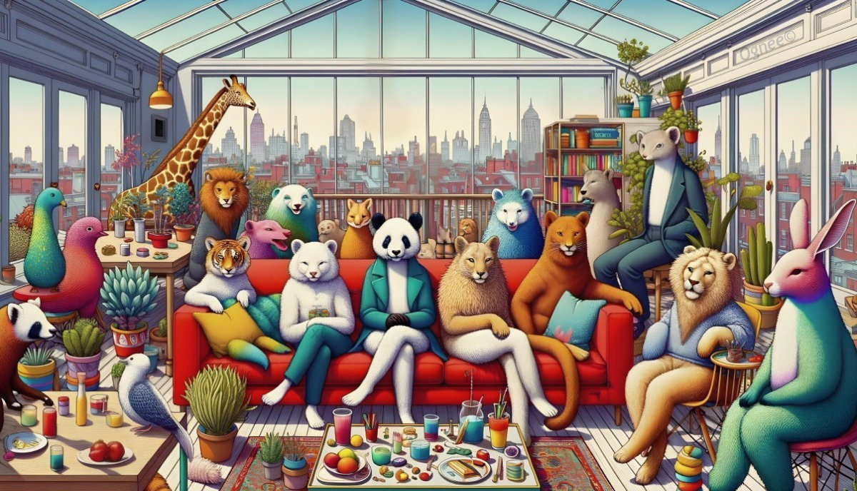 Whimsical Animals Relaxing in a City Apartment
