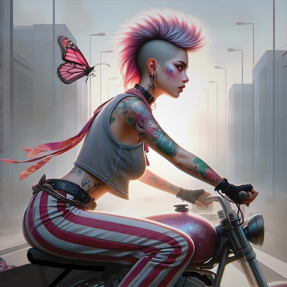 Punk Figure on Motorcycle with Mohawk and Tattoos
