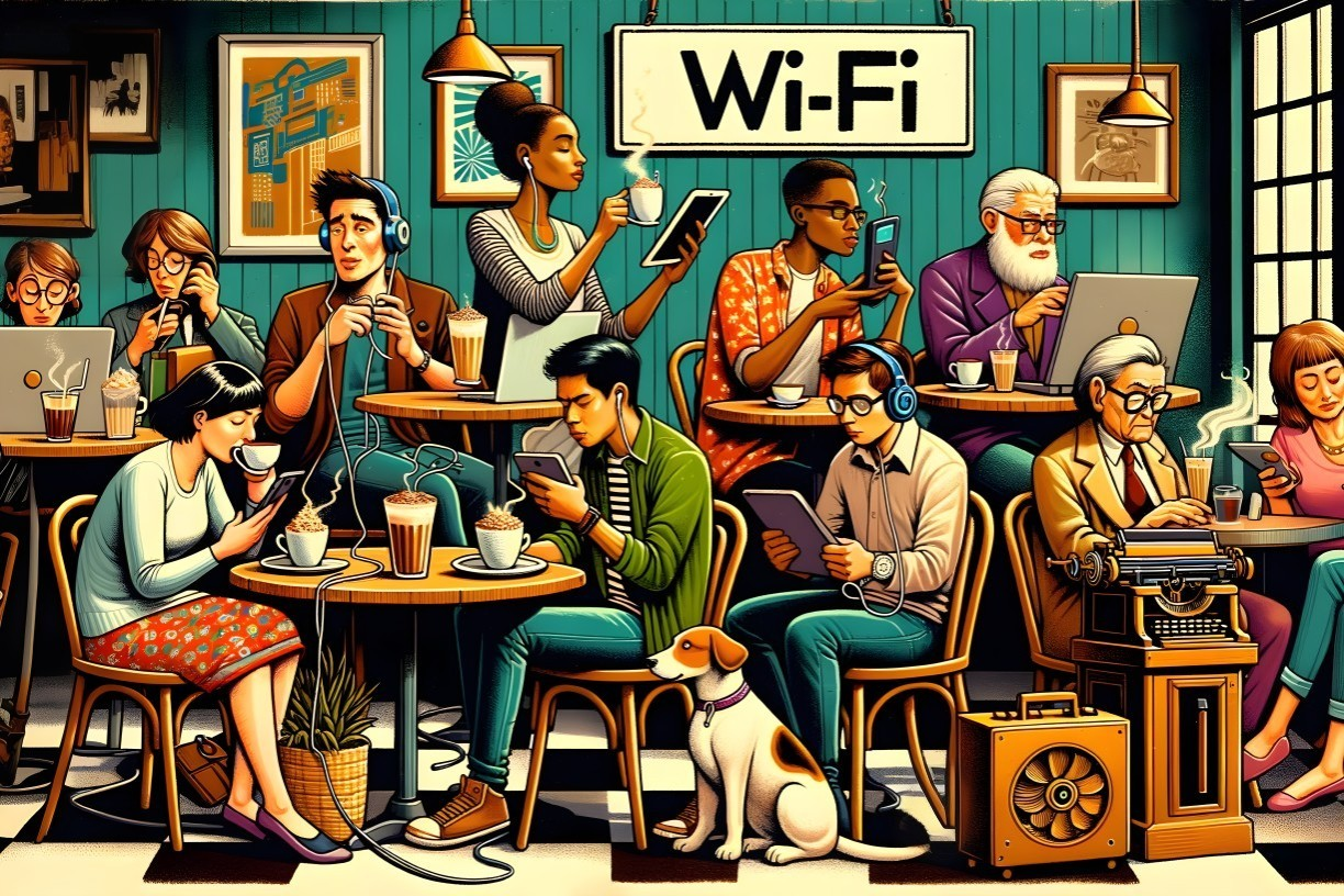 Vibrant café scene with diverse individuals and cozy atmosphere