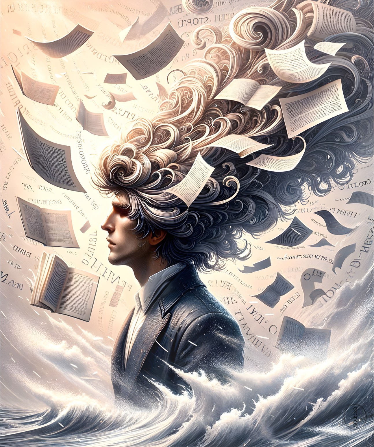 Person with pages and books flowing, symbolizing knowledge and creativity