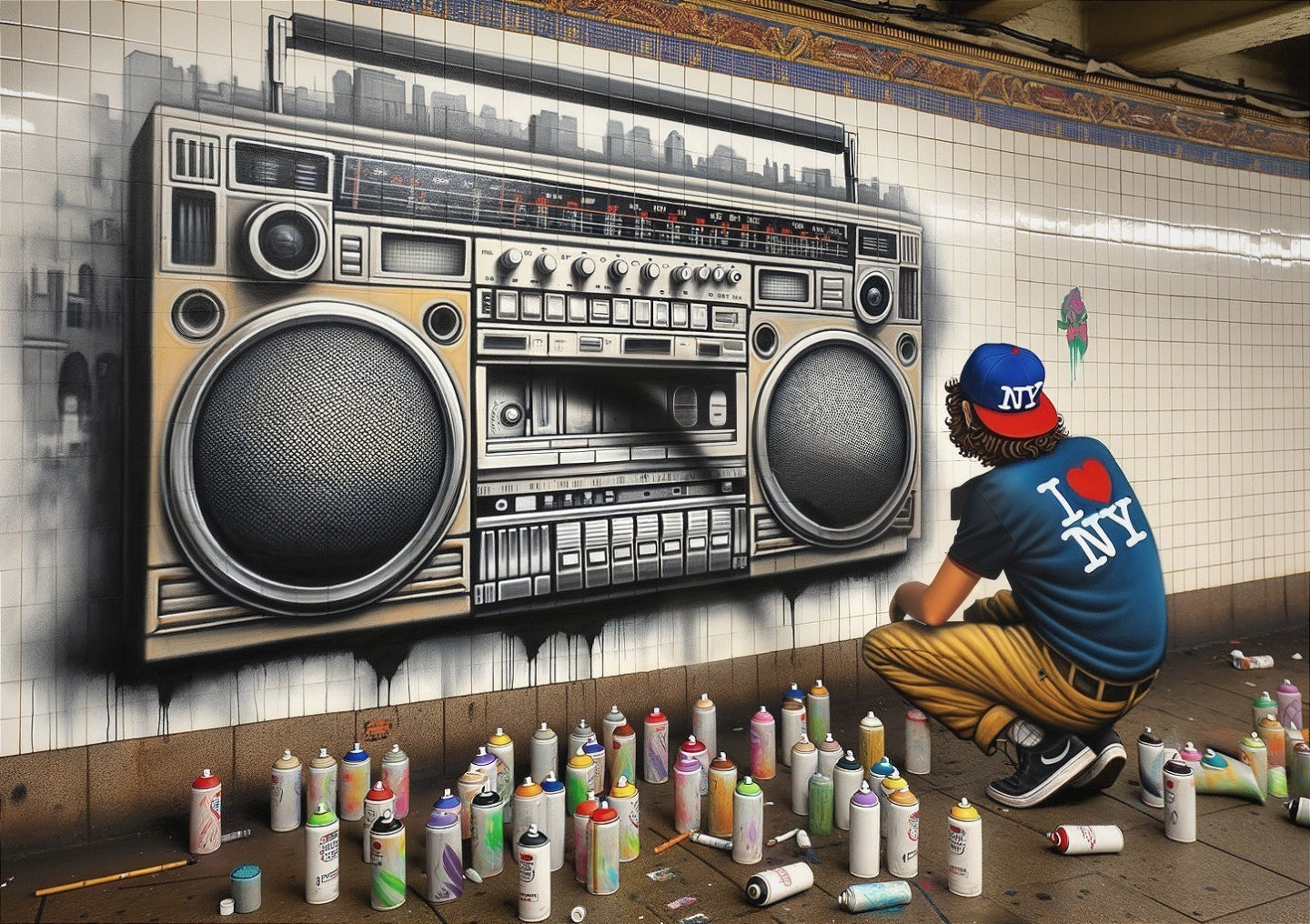 Detailed mural of large boombox in subway with spray cans and artist in cap and "I Love NY
