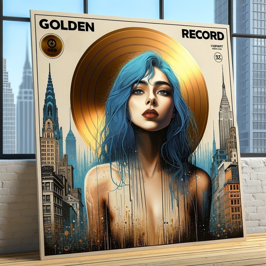 Illustrated vinyl record cover: "GOLDEN" woman with blue hair cityscape portrait.