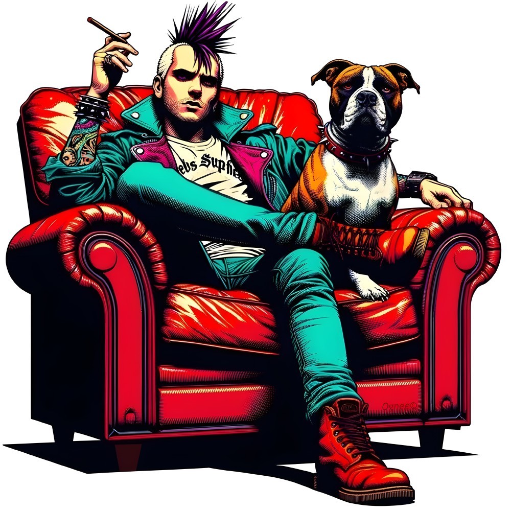 Punk Rocker with Purple Hair and Dog on Red Chair