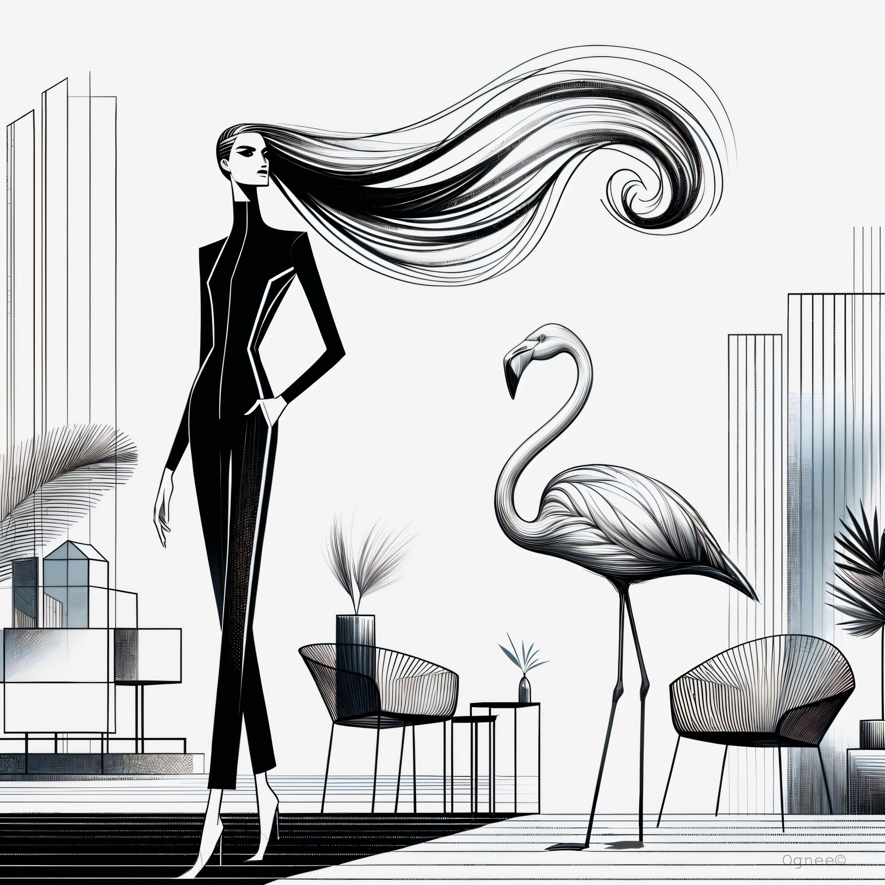 Stylish Figure in Minimalist Space with Flamingo