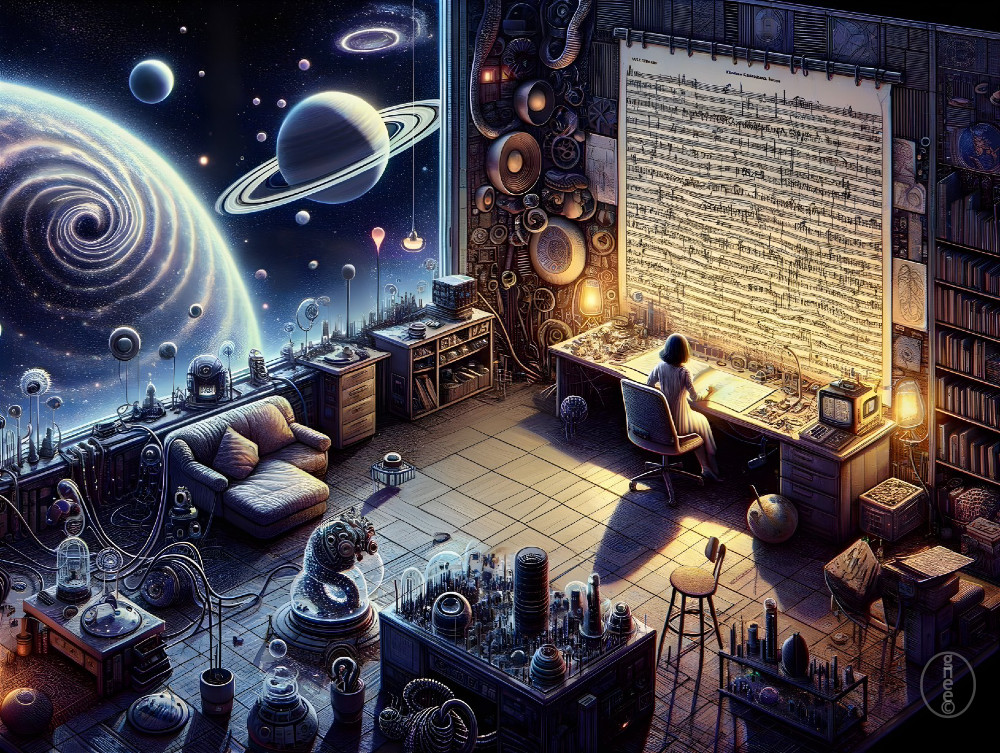 Scientist at Desk with Cosmic Scene and Equations