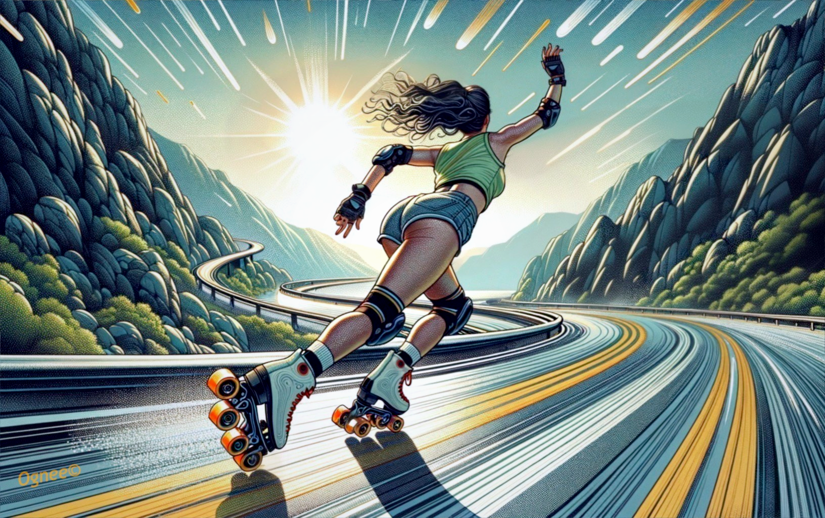 Woman Roller Skating on Winding Road with Mountains