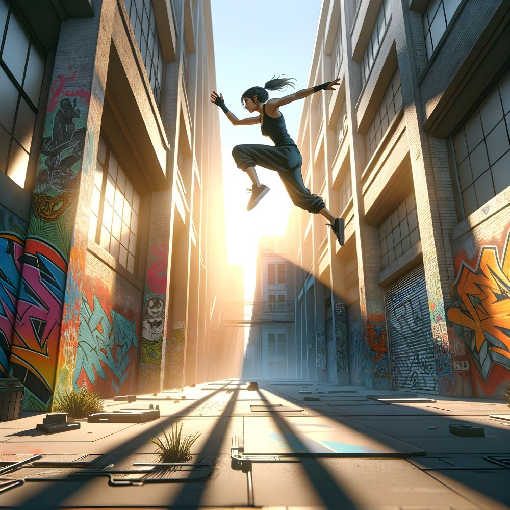 Urban Scene with Person Jumping in Graffiti Alley