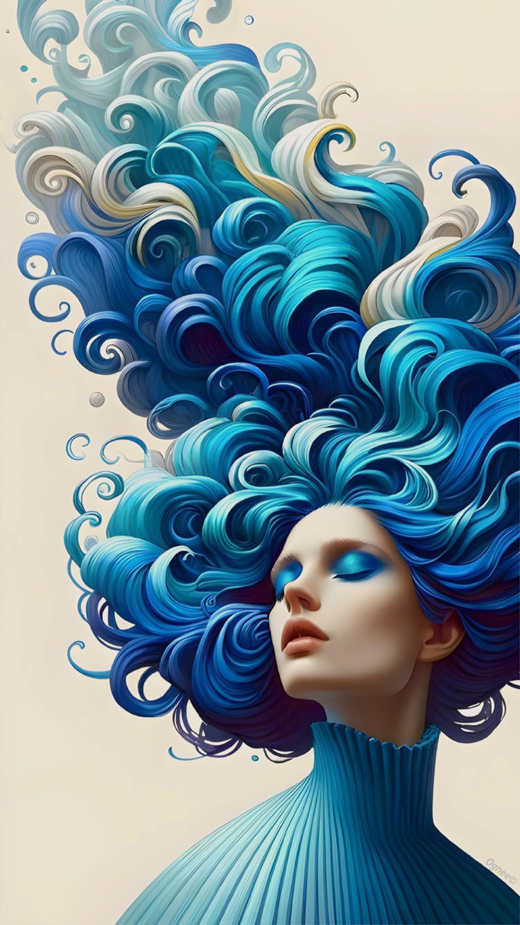 Woman with Blue Aqua Curls and Serene Expression