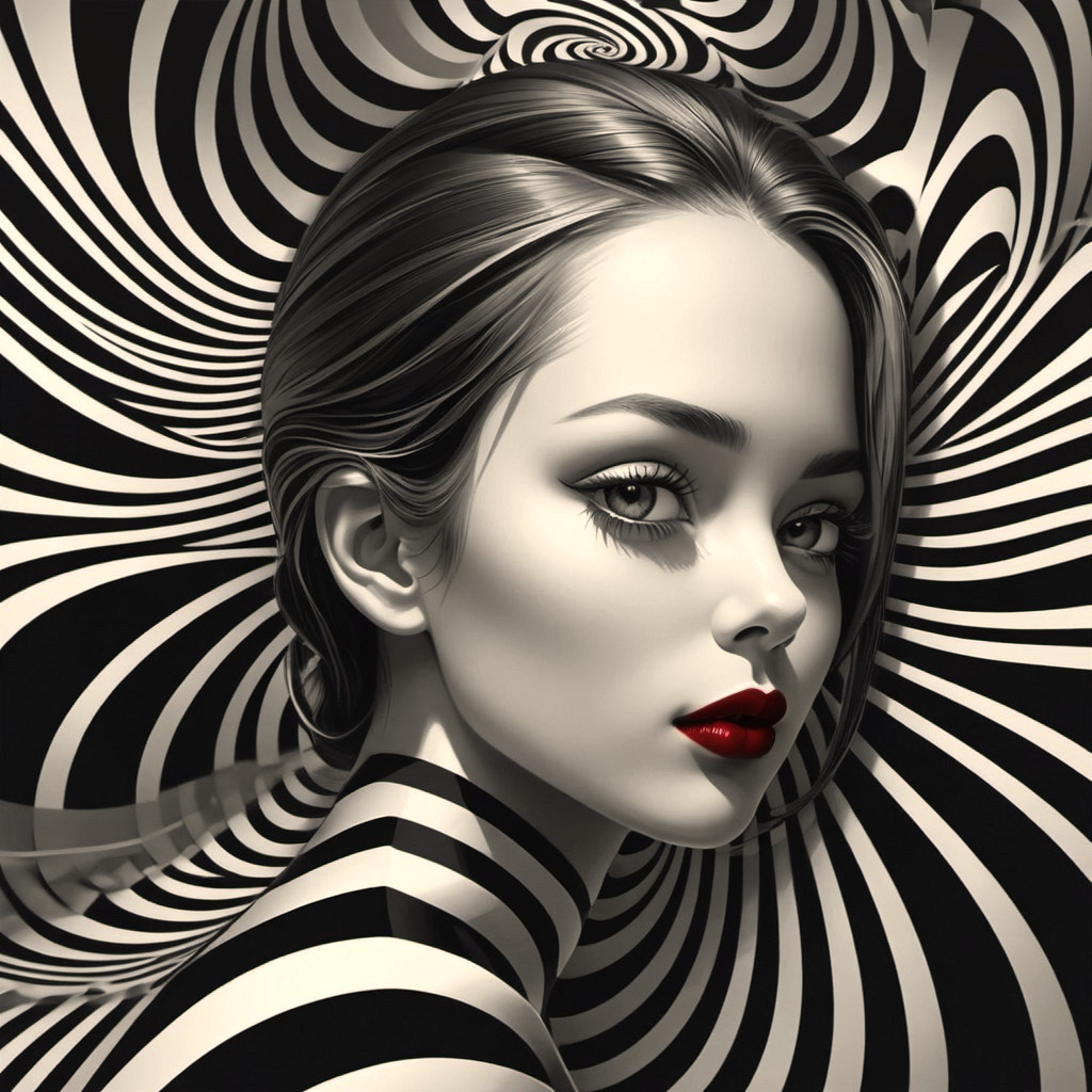 Monochrome artwork featuring woman with red lips on swirling background