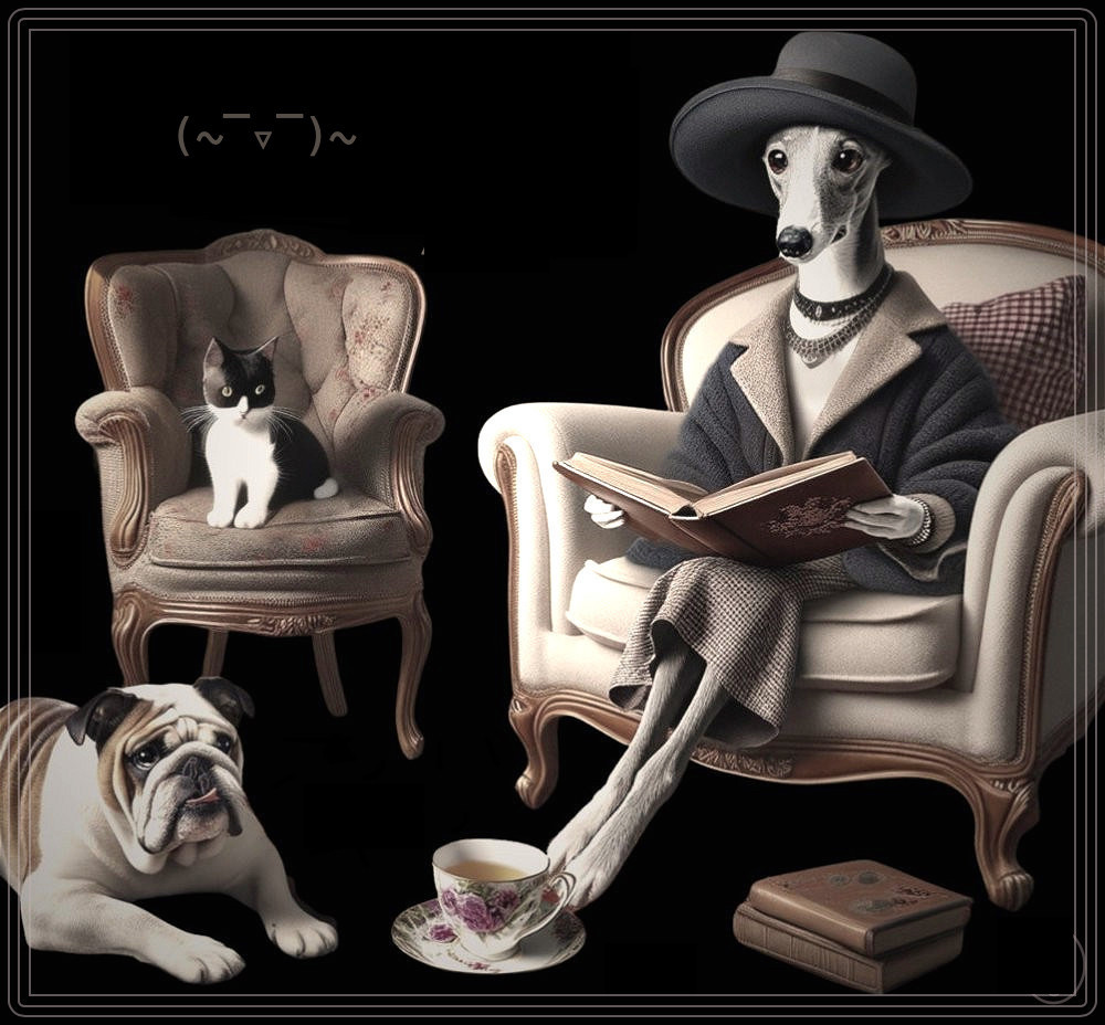 Anthropomorphic dog reading book with cat and bulldog in vintage-style scene