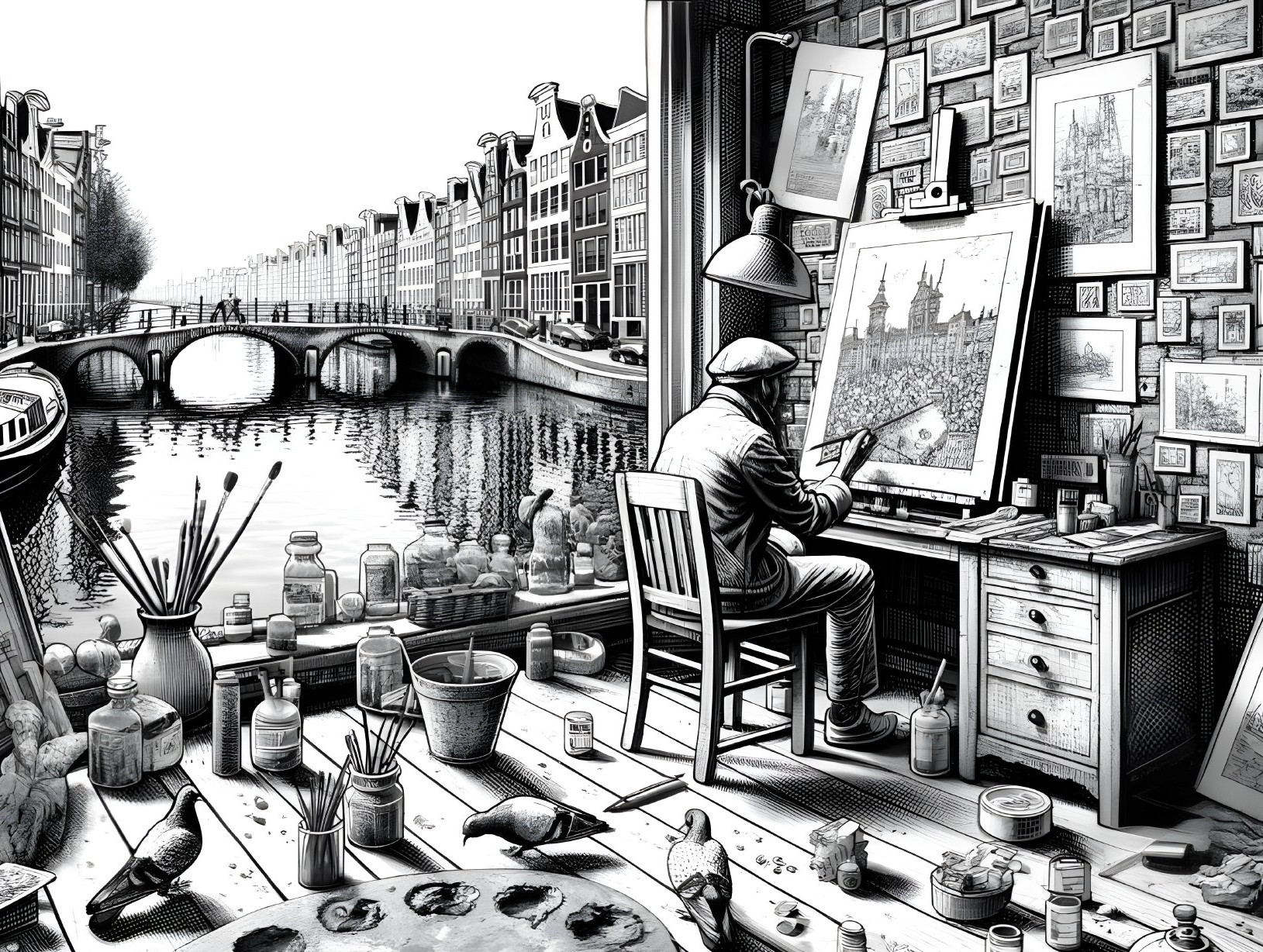 Monochromatic Studio Scene with Amsterdam Canal View