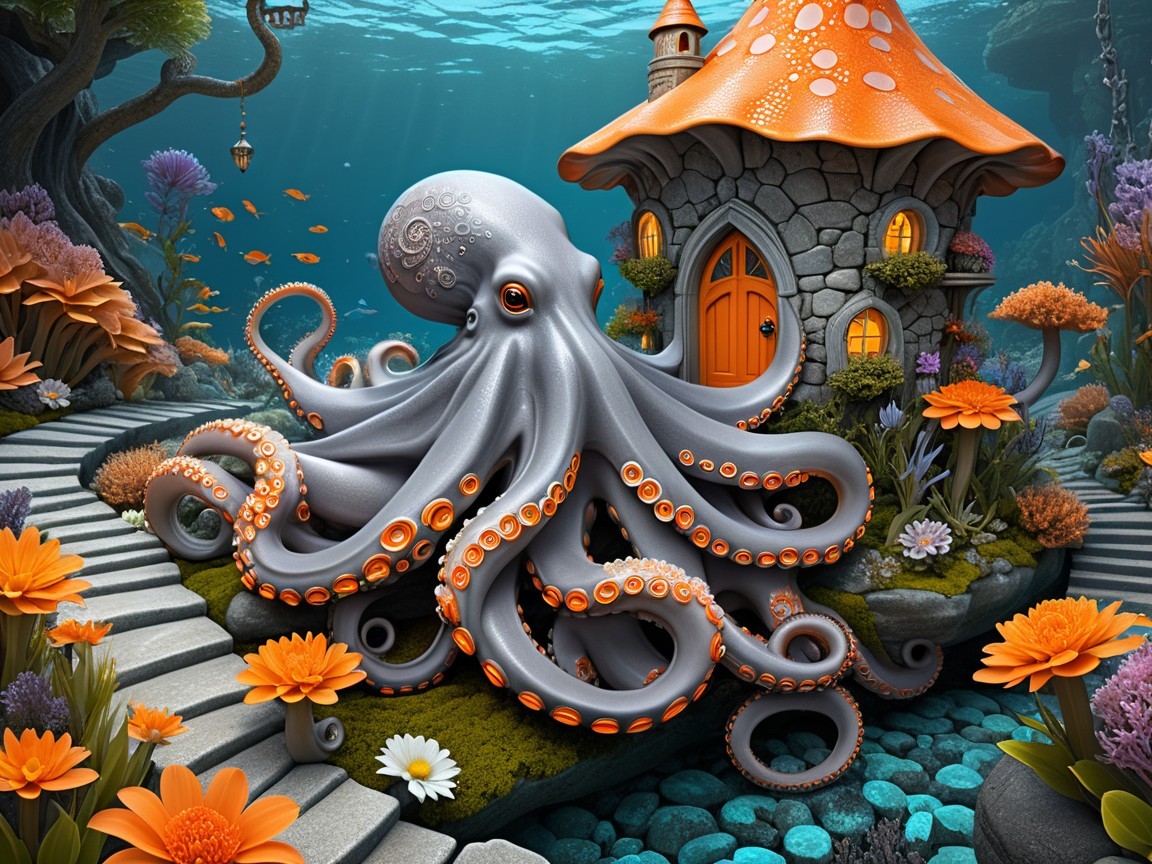 Underwater Landscape with Octopus and Mushroom House