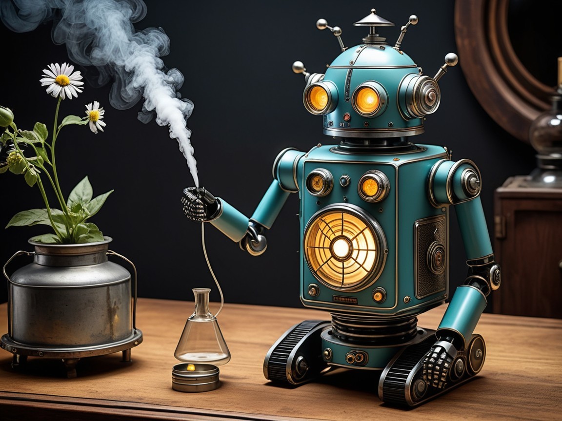 Vintage Robot on Wooden Table with Steampunk Elements