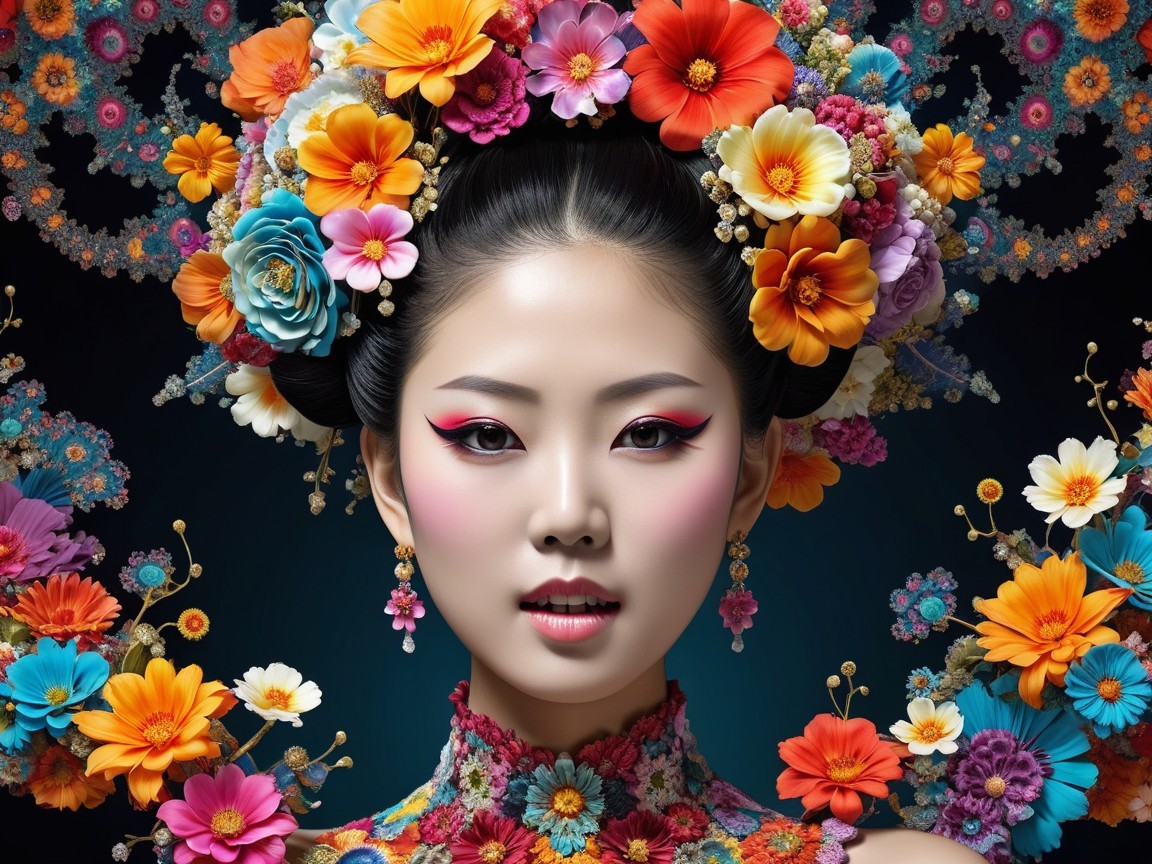 Close-up of a young woman with floral headpiece and dress