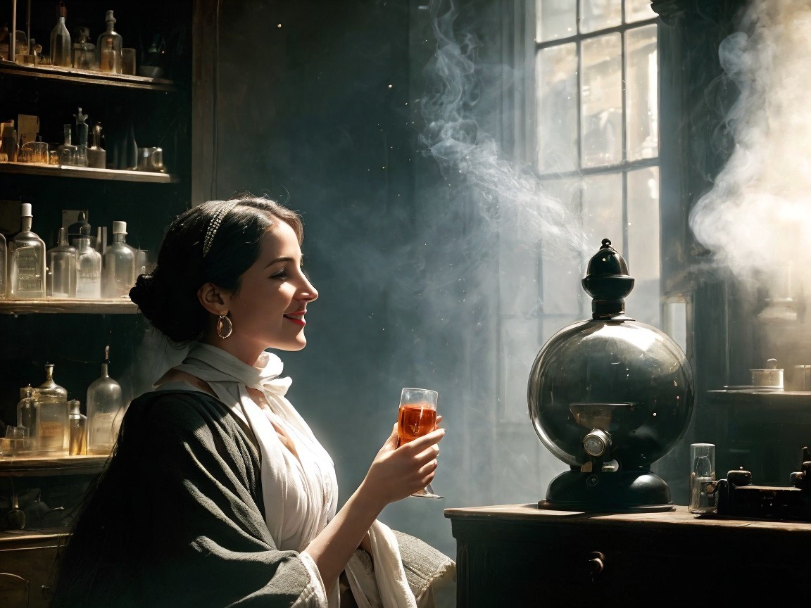 Woman in period attire in a dimly lit apothecary
