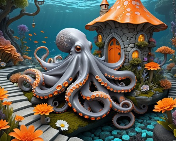 Underwater Landscape with Octopus and Mushroom House