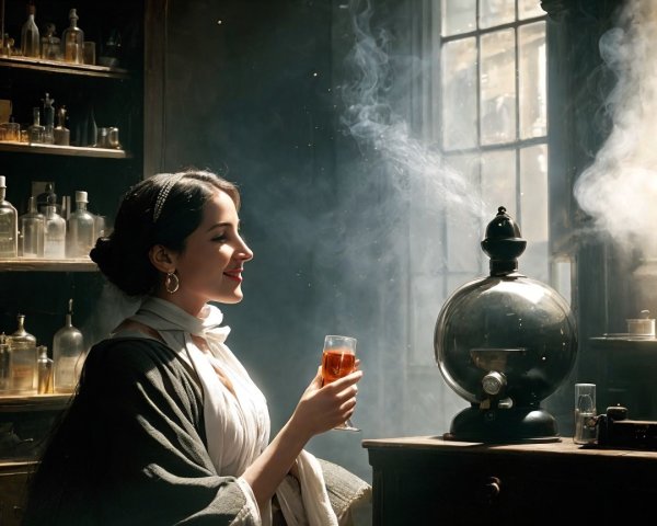 Woman in period attire in a dimly lit apothecary