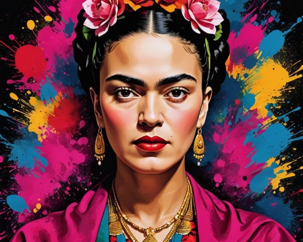Vibrant Illustration of Frida Kahlo with Colorful Background