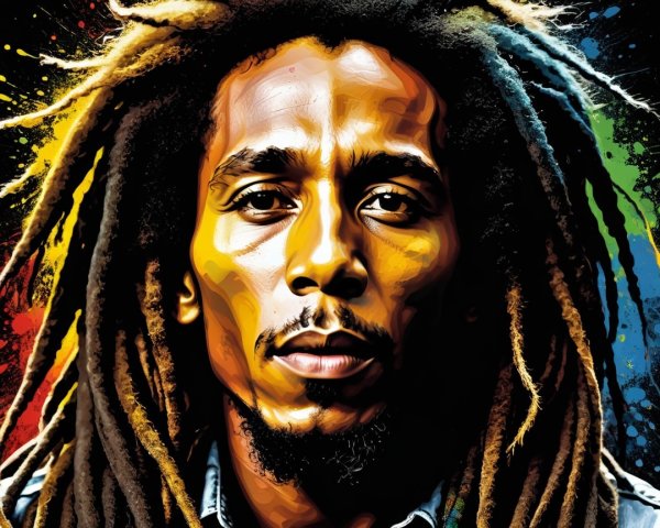 Vibrant Digital Portrait of a Music Icon on Dark Background