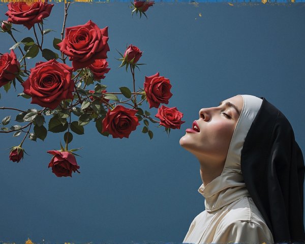 Nun in Habit Surrounded by Red Roses on Blue Background