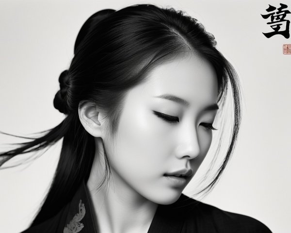 Black and White Portrait of a Woman with Bun Hairstyle