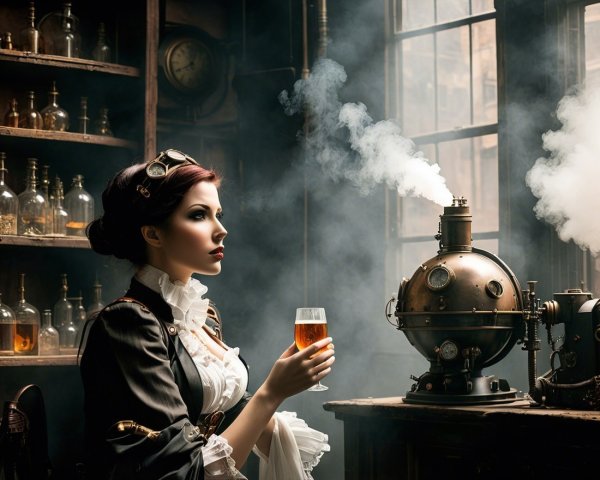 Steampunk Laboratory with Elegant Woman and Amber Liquid