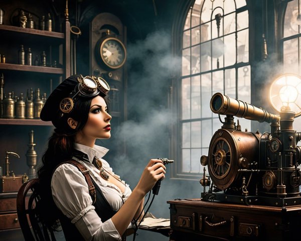 Steampunk Workshop with Woman and Intricate Machinery