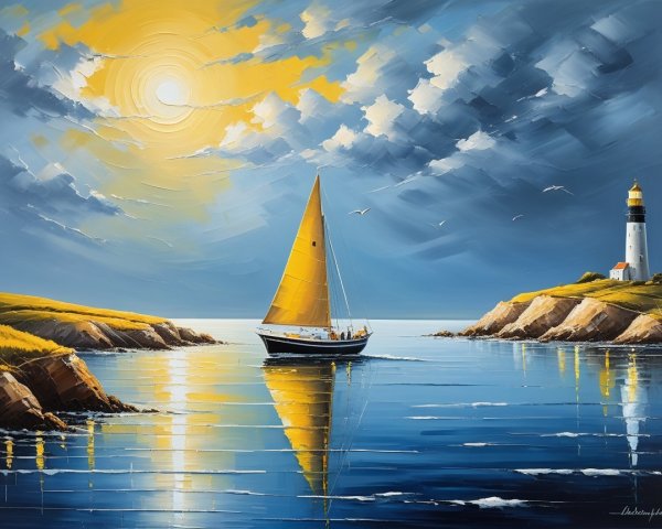 Lone Sailboat on Reflective Water with Dramatic Sky