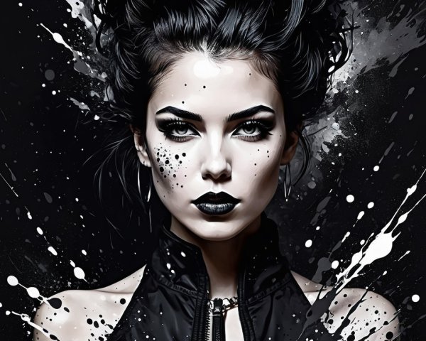 Grayscale Illustration of Woman with Paint Splatters