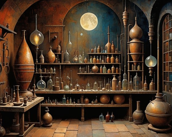 Medieval Alchemist's Laboratory with Copper Vessels